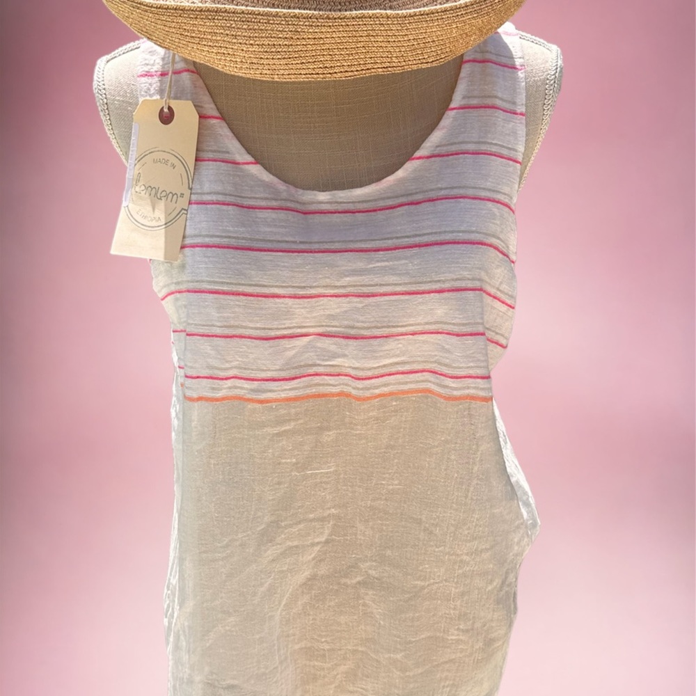 LemLem NWT SZ small oversized white W pink stripe tank tunic, made in Ethiopia